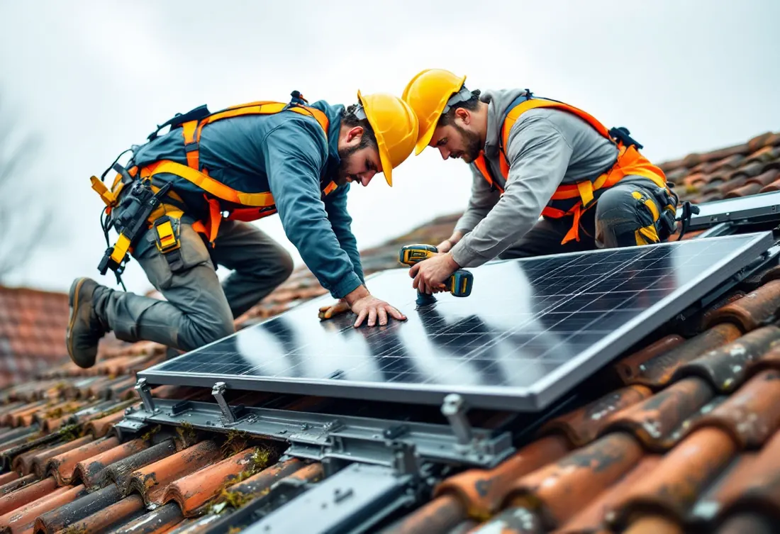 Installateurs certifiés posant des panneaux solaires sur une toiture